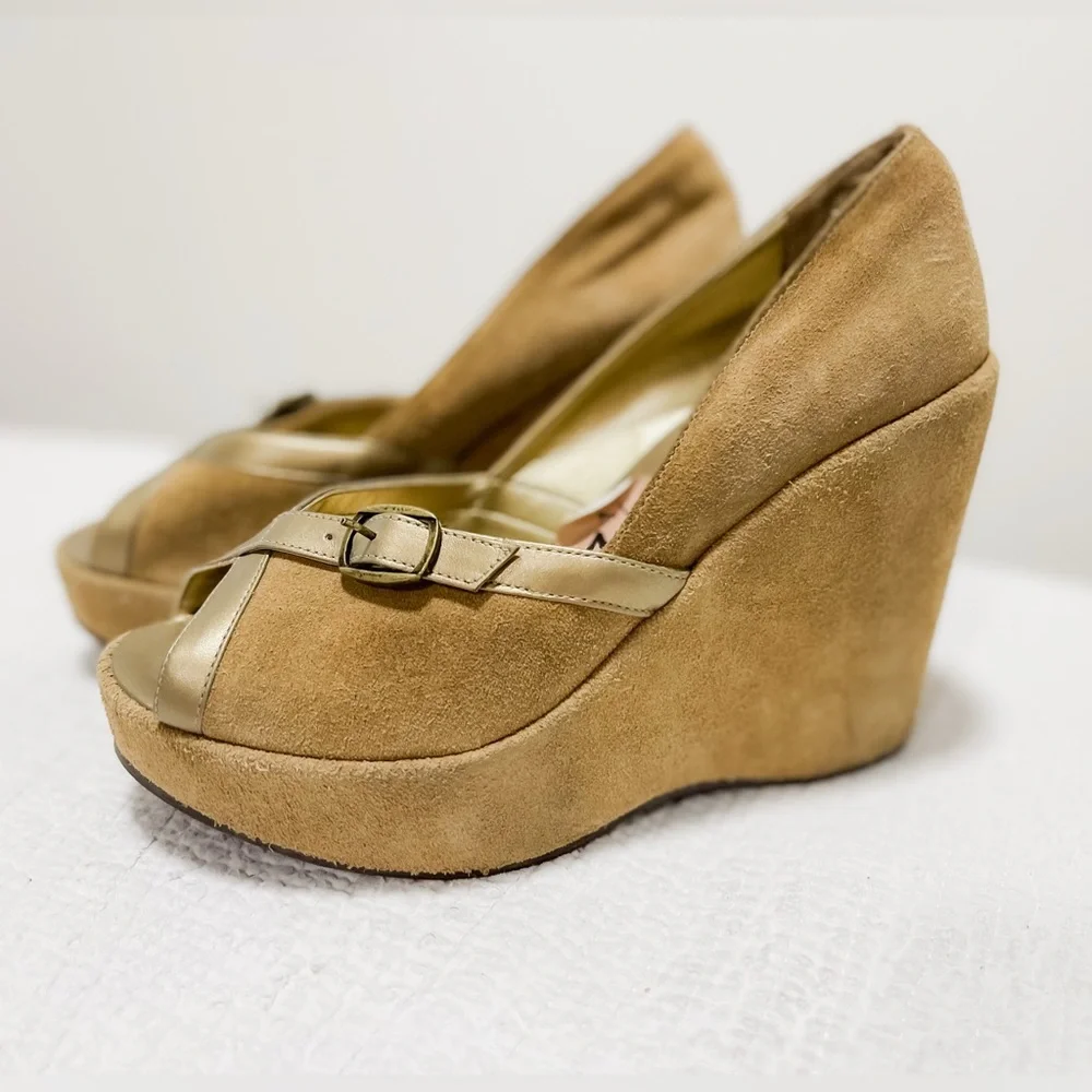 Kork-Ease Tan Suede Wedge Sandals with Metallic Accent